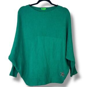 FOR HER PARIS Lana Wool Green Italian Boutique Boat Neck Quarter-Sleeve Sweater